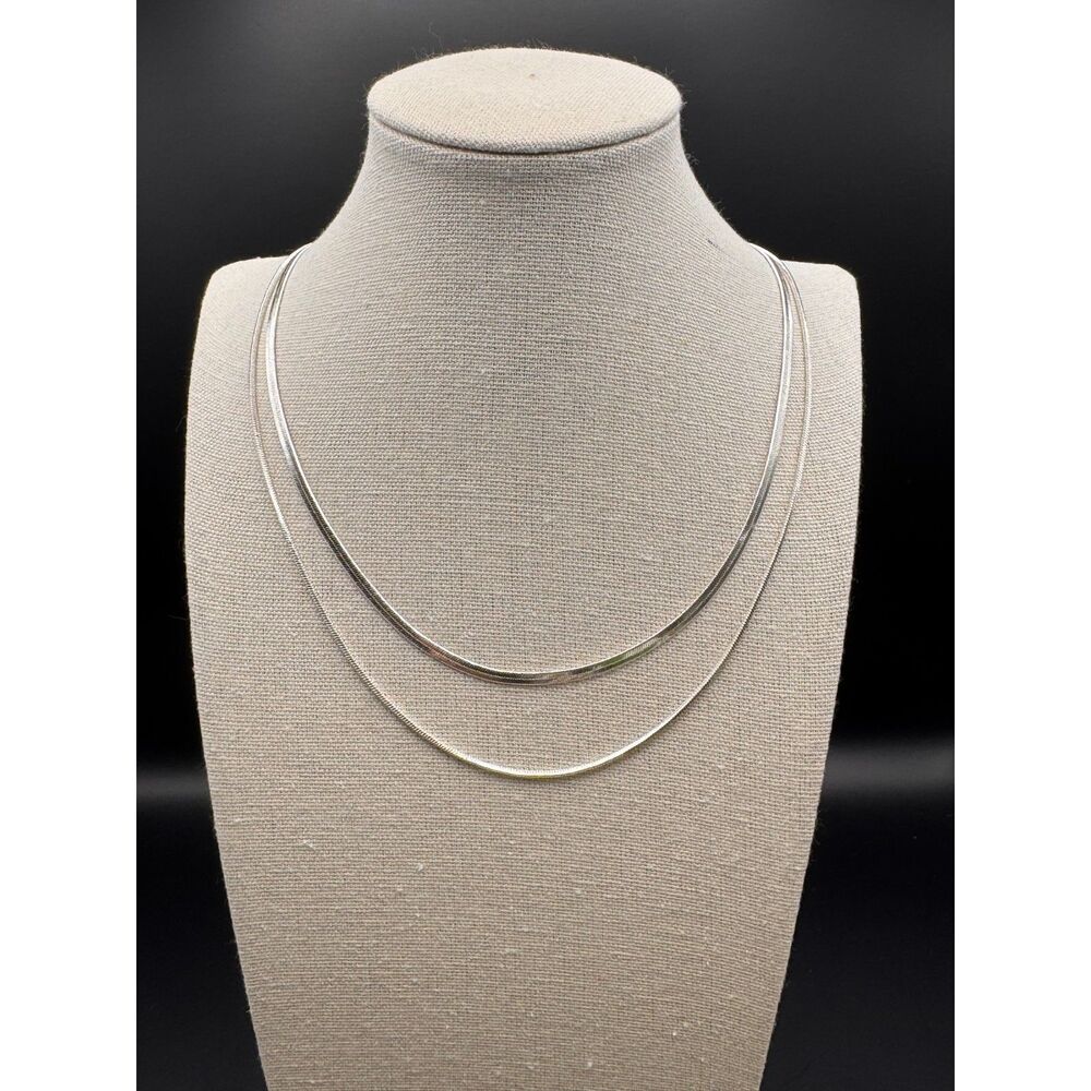 NUZON 2PCS Layered silver plated Herringbone and dainty double flat Snake chains